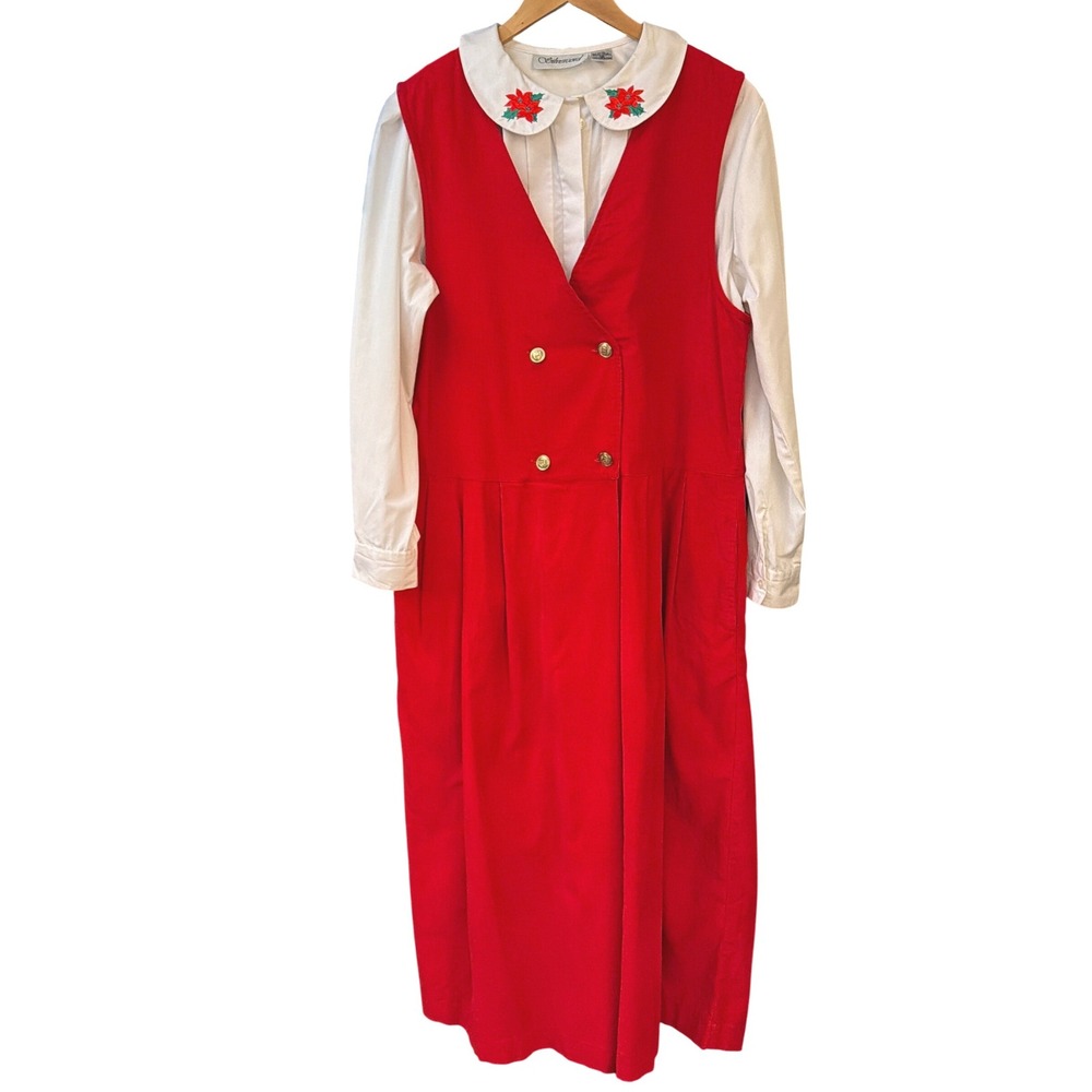 Vintage Silvercord Highgate Red Corduroy Dress Poinsettia Holiday Christmas